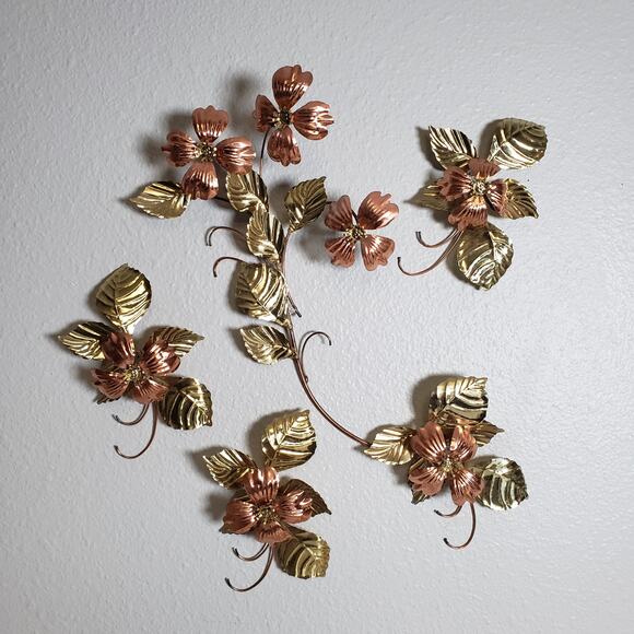 Vintage Metal Floral Wall Decor Brass & Copper Dogwood Flower Leaf MCM Set Of 4 - Picture 1 of 11